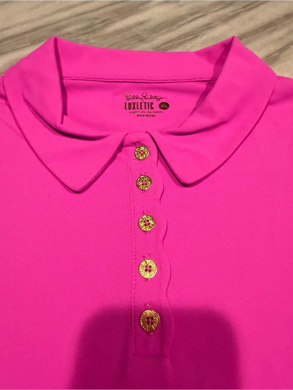 Lily Pulitzer Women's Pink Polo Top with Scalloped Placket and Gold Buttons - Picture 3 of 5